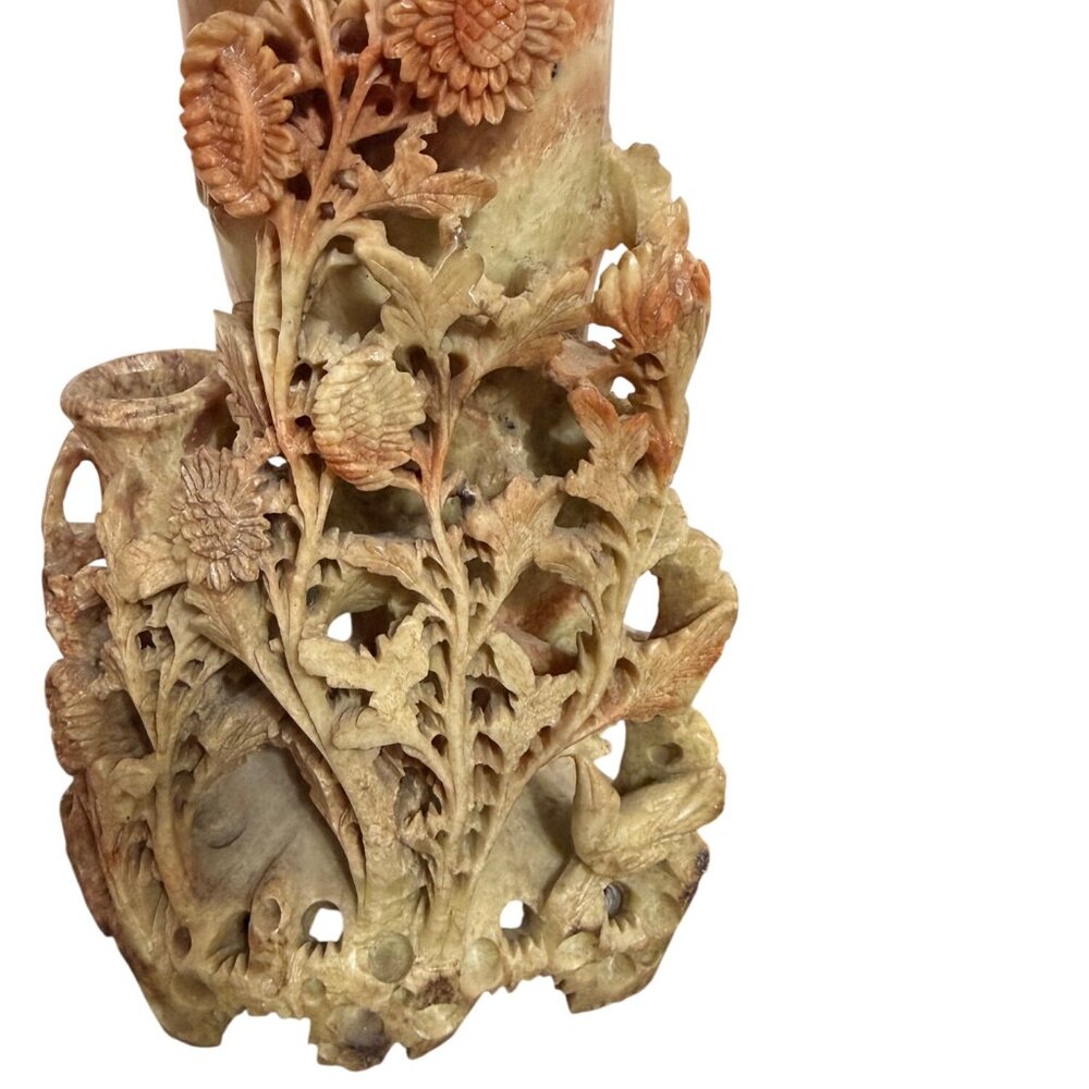 Vintage Stone Carved Floral Table Lamp With Intricate Chrysanthemum Motif And Br - Picture 5 of 11